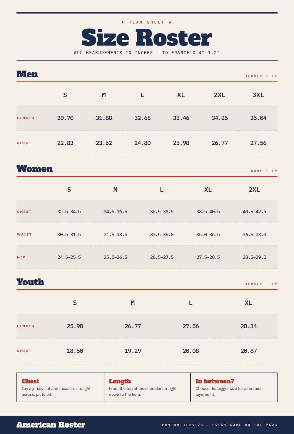 Jersey size chart